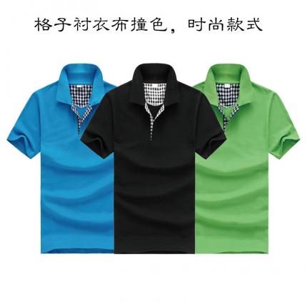 格子布撞色時尚T恤衫款式定制，男女款式